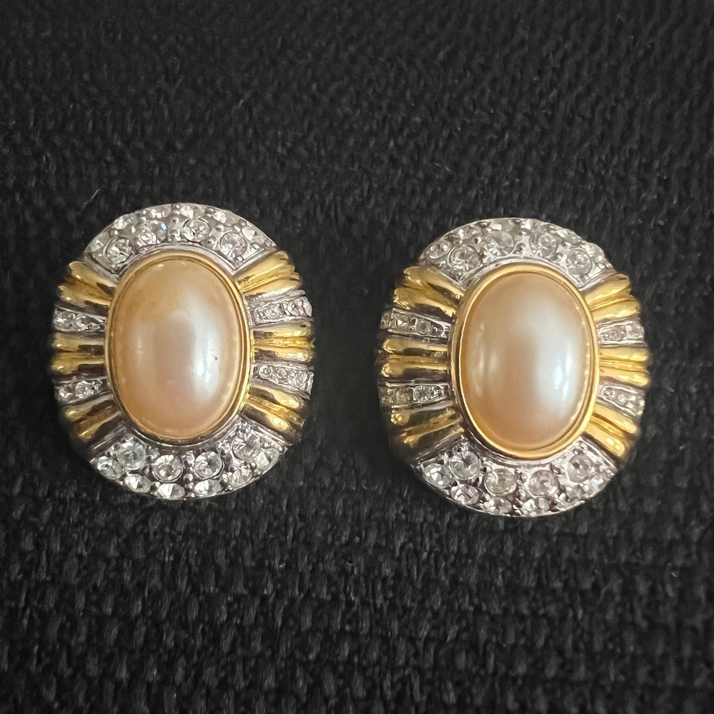 Soleil Vintage Two Tone Faux Pearl Rhinestone Clip On Earrings 1 Inch